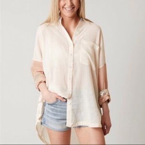 Free people semi sheer long sleeve shirt size Small petite oversized fit